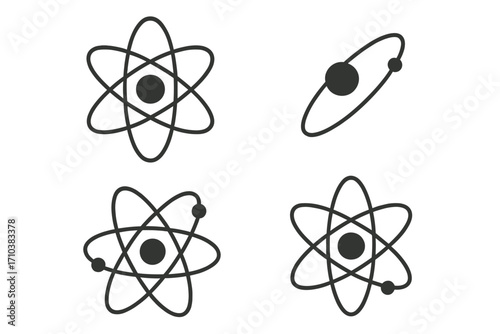 Atom icon set. Science and technology symbol. Physics, chemistry vector illustration. Nuclear energy, molecule structure graphic. Orbit, electron, nucleus flat design element.