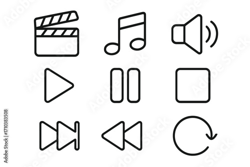 Media player line icon pack modern vector set for design web apps cards includes linear clapperboard music note speaker play pause stop rewind fast forward loop symbols