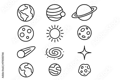 Collection of Planets and Celestial Bodies Thin Line Icons, Editable Stroke Space Symbols for Web, Apps, Books, Cards, Transparent Vector Cartoon Illustrations