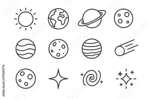 Collection of thin stroke icons of planets and celestial bodies, editable vector illustration, cartoon style suitable for websites, apps, books, cards, cosmic space set