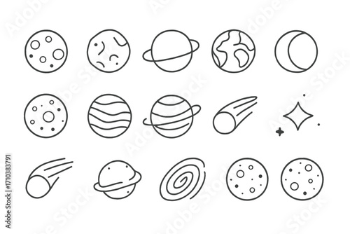Planets and celestial bodies icons collection with editable stroke, digital vector cartoon illustrations, suitable for websites, books, greeting cards, and apps, transparent background