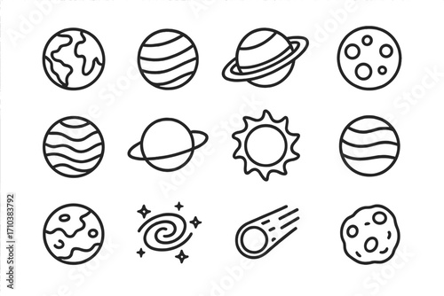 Simple line icons of planets and celestial bodies collection. Editable stroke vector set with cartoon style planets, moon, sun, comet, galaxy. Suitable for web, apps, books, cards.