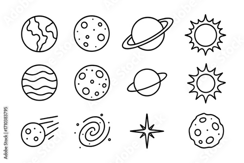 Planets and celestial bodies outline icons collection, simple linear space elements with editable stroke, vector cartoon illustration for websites, books, cards, apps design