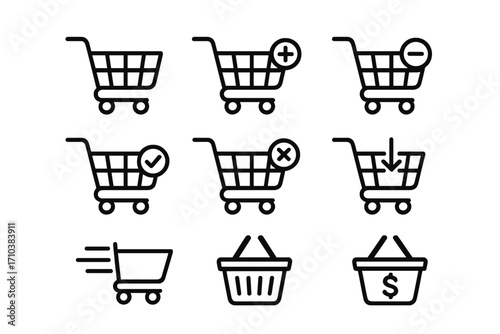 Shopping cart icon set for UI design, web and app use, editable stroke vector illustration, ecommerce basket symbols, online shopping, add, remove, approve, reject, fast purchase, commerce elements