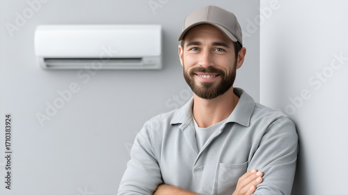 Smiling HVAC technician with air conditioner unit, ready for service, offering comfort solutions.