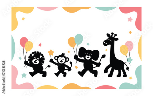 Adorable Animals Parade: A Cheerful Illustration of Lion, Monkey, Elephant, and Giraffe with Balloons and Stars Against a Pastel Background.