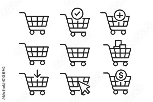 Shopping cart icons set with thin editable stroke lines, vector illustrations for websites, apps, books, cards, online store symbols, e-commerce design elements, transparent background