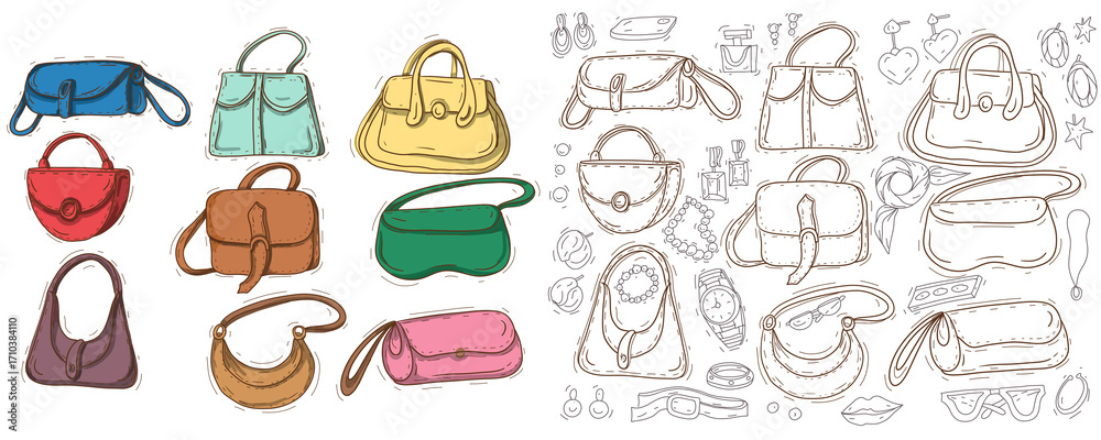 Fototapeta premium Bags clothing accessories shoppers clutches femininity wardrobe beauty and style fashion clipart doodle hand drawn set 