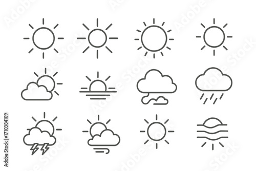 Sun and Weather Icons Set with Thin Line Style, Editable Stroke, Nature and Climate Symbols Collection, Vector Cartoon Illustration for Web, Apps, Cards, Books Design Elements