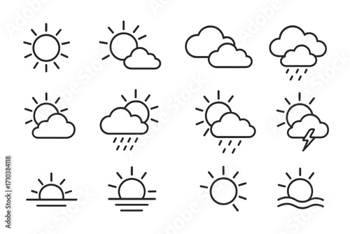 Sun icons set, nature and weather symbols collection, thin stroke line art, editable vector design for web, apps, cards, books, sunny, cloudy, rain, thunderstorm, sunset, sunrise illustrations