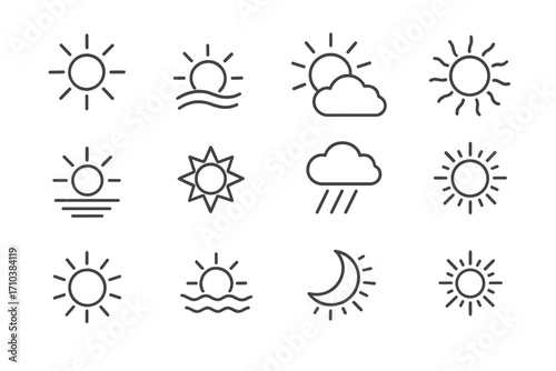 Sun and Weather Icons Set. Nature and Climate Symbols with Editable Stroke. Vector Cartoon Illustration for Web, Apps, Cards, Books, Design Projects, Transparent Background