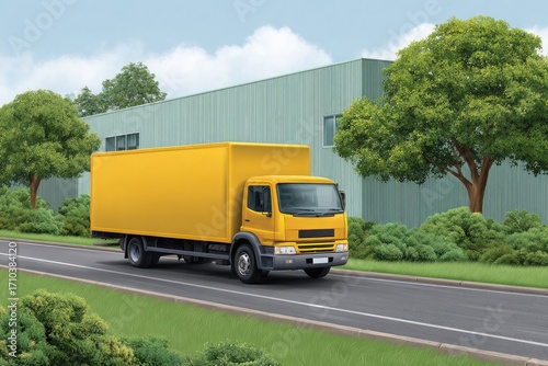 Wallpaper Mural Yellow box truck driving on a road near a green industrial building Torontodigital.ca