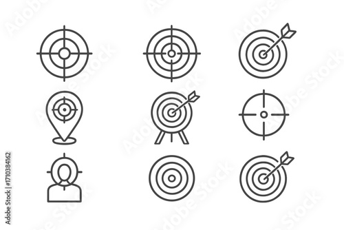 Target collection set of thin line icons with editable stroke for web design, apps, books, cards, and digital projects. Vector cartoon illustration with transparent background, ordered set