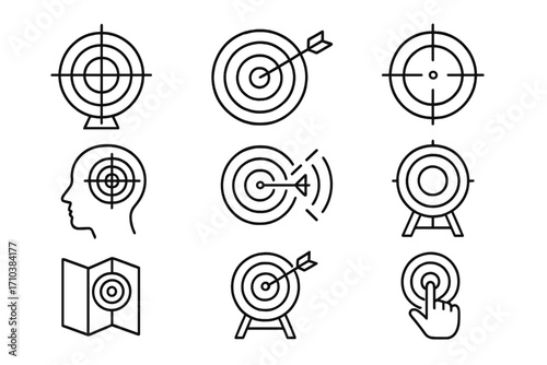 Target collection thin icons set with adjustable stroke for websites, books, cards, apps, vector cartoon illustrations, transparent background, organized and editable design
