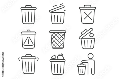 Trash can icon set, editable stroke, versatile vector cartoon illustration, perfect for websites, books, cards, apps, transparent background, ordered set, waste bin symbols