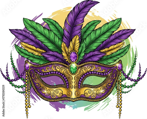 Elegant Mardi Gras Mask with Feathers and Jewels