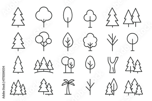 Tree and forest icon bundle with thin editable stroke, vector cartoon illustration of various tree shapes, suitable for websites, books, cards, apps and nature themes, transparent background
