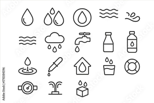 Water icon bundle thin line set with editable stroke for web, apps, books, cards. Includes drops, faucet, rain, glass, water level, fountain, dropper, bottle, hydration symbols vector