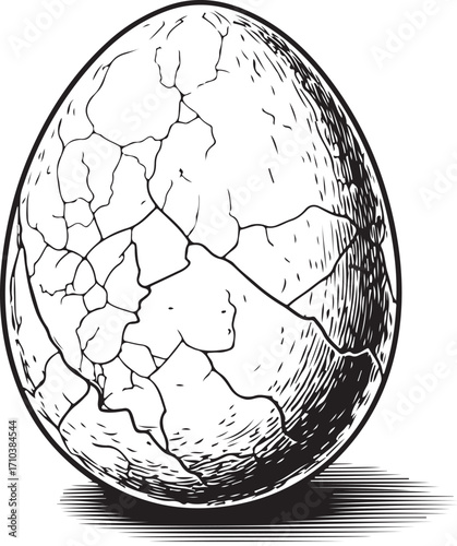 Cracked Chicken Egg Broken Vector Illustration, Sketch Drawing Line Linear Symbol Icon Engraving, Hand-drawn Doodle Black and White Isolated