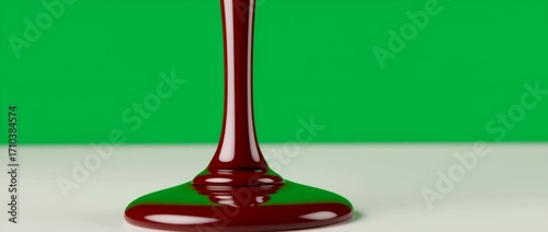 Glossy, melted dark chocolate syrup pouring in slow motion from a white spoon onto a surface. The sweet, viscous liquid creates ripples against a green screen background