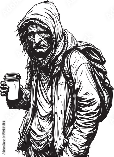 Homeless Person Man Vector Illustration, Sketch Drawing Line Linear Symbol Icon Engraving, Hand-drawn Doodle Black and White Isolated