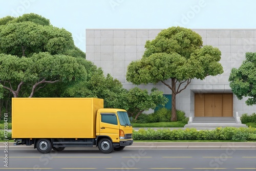 Wallpaper Mural Yellow box truck parked in front of modern building and trees Torontodigital.ca