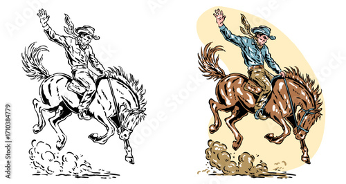 Retro style cowboy country a horse with a confident pose. Ideas for western, rodeo, or cowboy-in-west-themed designs