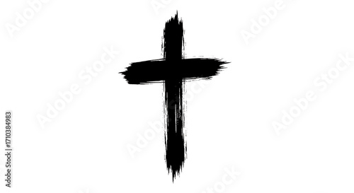 A stark, handdrawn representation of a christian cross, rendered in thick, uneven brushstrokes, conveying a sense of rawness and simplicity, isolated on transparent background