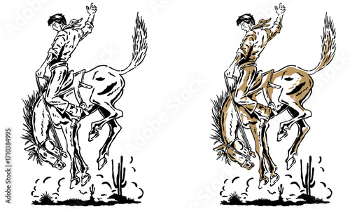 Retro style cowboy country a horse with a confident pose. Ideas for western, rodeo, or cowboy-in-west-themed designs