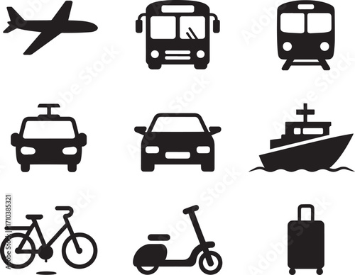 Collection of Simple Black Silhouette Icons Representing Various Modes of Transportation and Travel Items for Universal Use