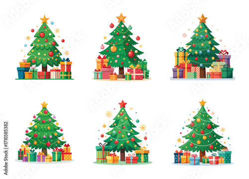 Collection of beautifully decorated Christmas trees with an abundance of festive presents