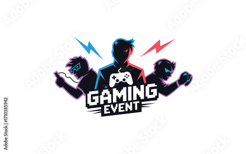 Vibrant Gaming Event Logo Featuring Silhouetted Players and Pixelated Text, Perfect for Esports Tournaments, Gaming Conferences, and Community Events, Highlighting Passion and Competition