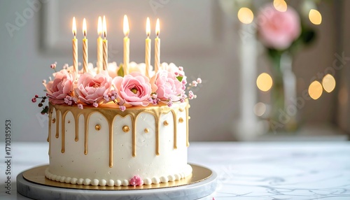 A tiered cake, adorned with pink floral blooms and golden drips, is topped with lit candles, on a marble surface