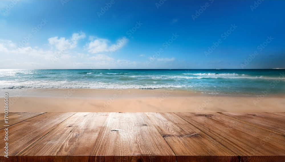 Fototapeta premium Wooden Table Surface With A Blurred Background Of Sparkling Ocean Waves Sandy Beach And A Bright Blue Sky With Scattered Clouds On A Sunny Day