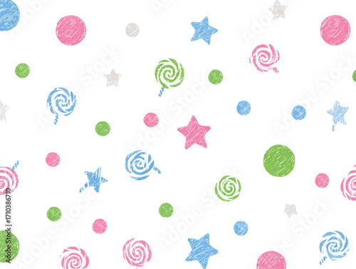 Motivo senza cuciture di stelle e caramelle in stile pastello