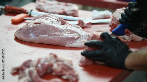 Butcher cutting pork primal meat cuts, such as the leg, loin, rack, and shoulder