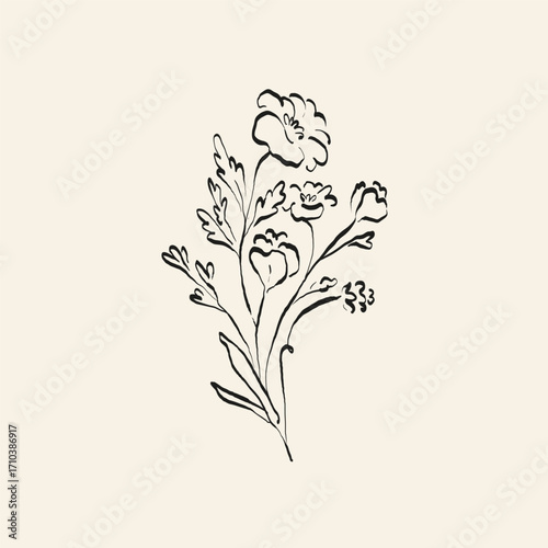 Botanical drawing. Minimal plant logo, botanical graphic sketch drawing,  meadow greenery, leaf and blooming flower abstract sketch element collection, rustic branch. Trendy tiny tattoo design, floral