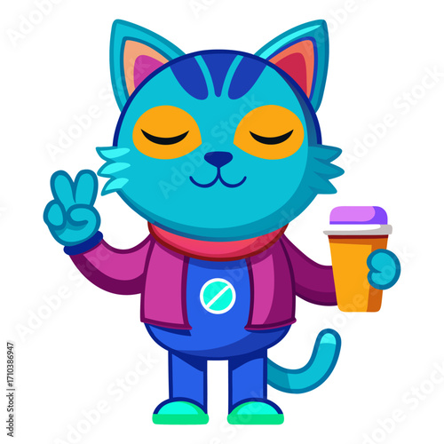 A sleepy Cat with a coffee cup, making a peace sign.