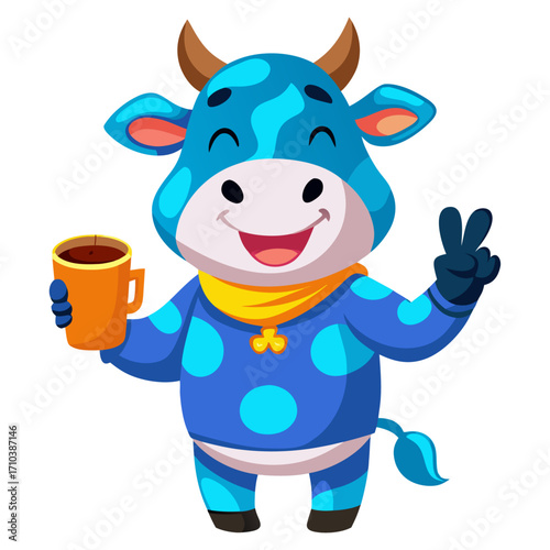 A  Cow with a coffee cup, making a peace sign.
