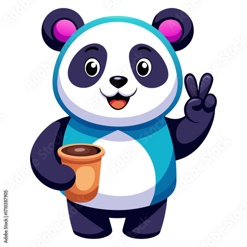 A highly detailed 3D image captures a drowsy panda character giving a peace sign while sipping from a coffee cup.