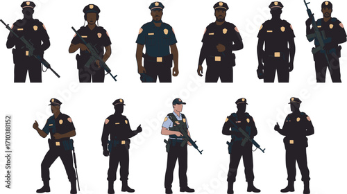 Police officer vector illustration with gun and rifle, armed security guard silhouettes, law enforcement patrol, military protection, safety service design