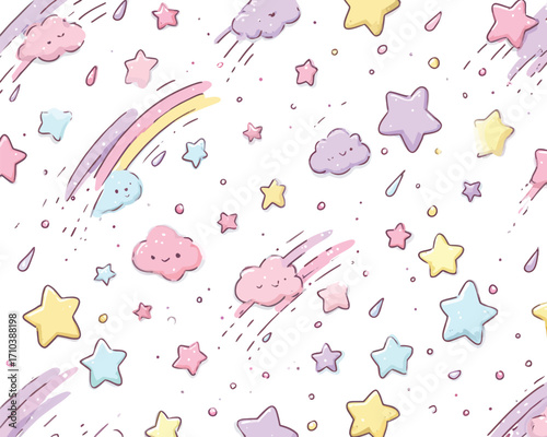 Sfondo senza soluzione di continuità con nuvole kawaii e stelle
