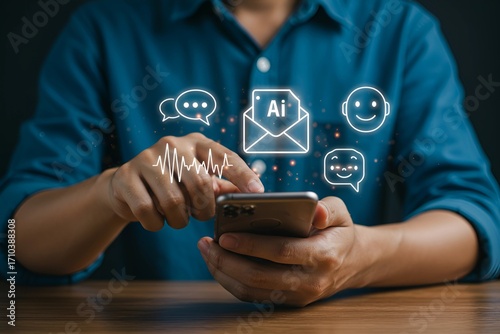 Man using a smartphone with artificial intelligence icons for digital communication, email marketing, and social media engagement concepts