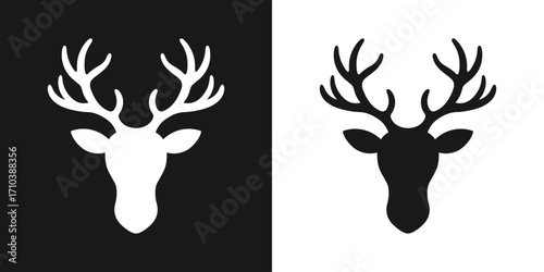 White and Black Silhouette of a Deer Head with Antlers Facing Forward stag