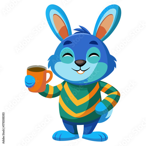 A  sleepy Hare with a coffee cup, making a peace sign.