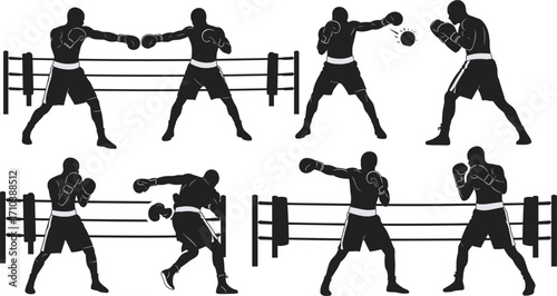 Silhouette boxing training illustration with fighters sparring, punching, defending, ring background, martial arts combat sports design for fitness inspiration