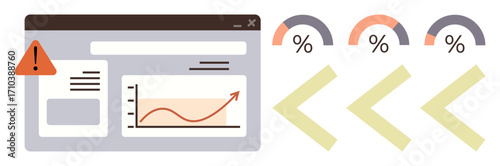 Alert displayed on data dashboard with rising chart and three percentage gauges. Ideal for analytics, progress tracking, performance monitoring, business insights, risk management, error reporting
