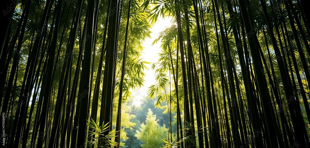 Fototapeta premium Serene sunlight filters through dense bamboo stalks, creating dappled shadows on the forest floor, organic, far east
