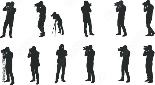 Silhouette photographer vector illustration with camera poses, professional man shooting photos, DSLR photography concept, creative stock artwork for design