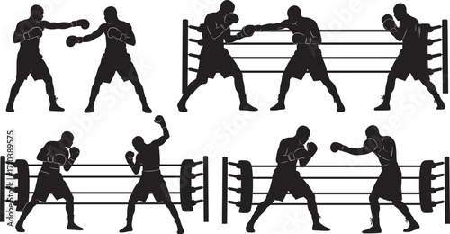 Silhouette boxing training illustration with fighters sparring, punching, defending, ring background, martial arts combat sports design for fitness inspiration